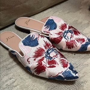 J. Crew Women's Mules with Red, Pink, and Blue Floral Embroidery